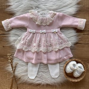 Vestido e Calça Bebe Renda 3 Laços e Cristais Swarovski Rosa