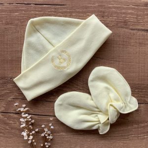 Touca e Luva para Bebe em Algodão Egípcio Bordado Amarelo